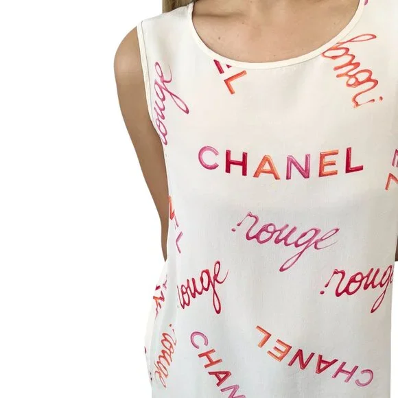 CHANEL Vintage CC Mark Logo Rouge Tank Top Cream Pink Orange Silk